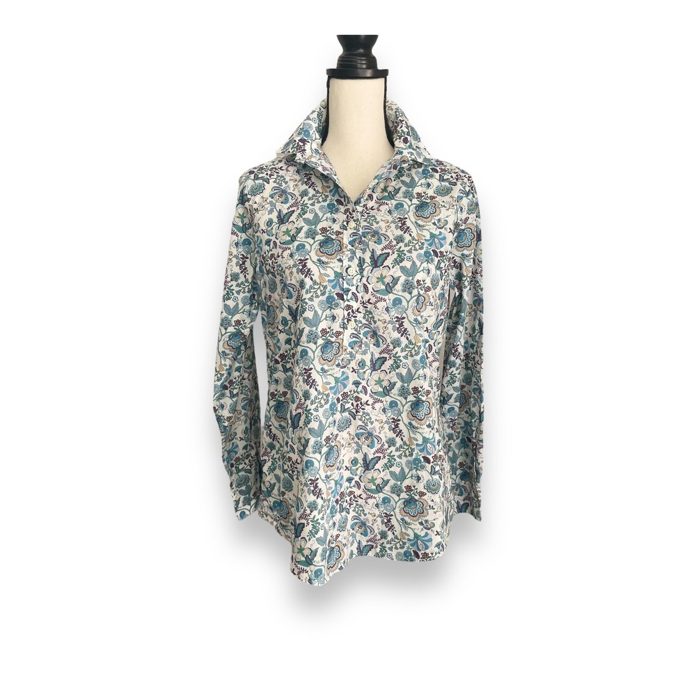 Ann Mashburn Women's Teal Purple Floral Paisley Cotton Popover Shirt Size M